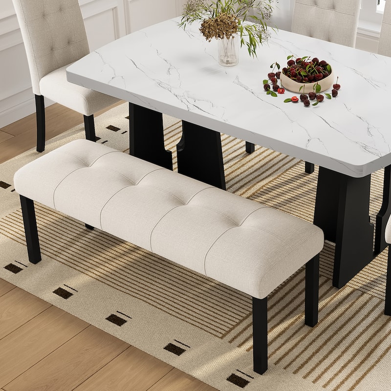 Modern Tufted Linen Bench, Farmhouse Upholstered Dining & Entryway Bench