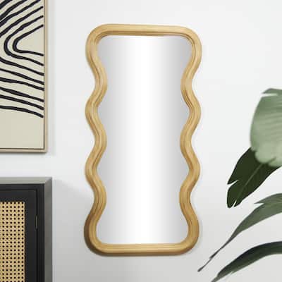 Brown Wood Wavy Room Wall Mirror with Dimensional Carved Frame