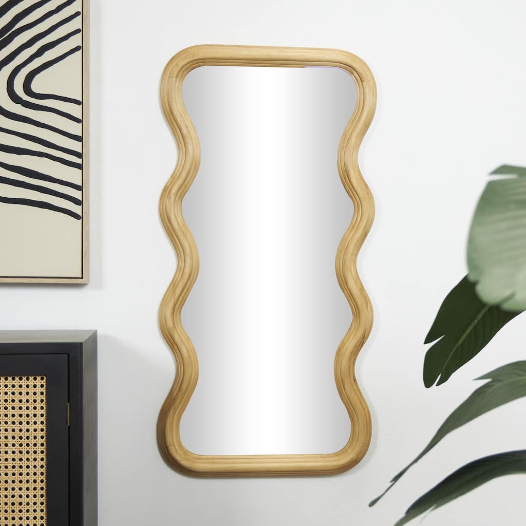 Brown Wood Wavy Room Wall Mirror with Dimensional Carved Frame