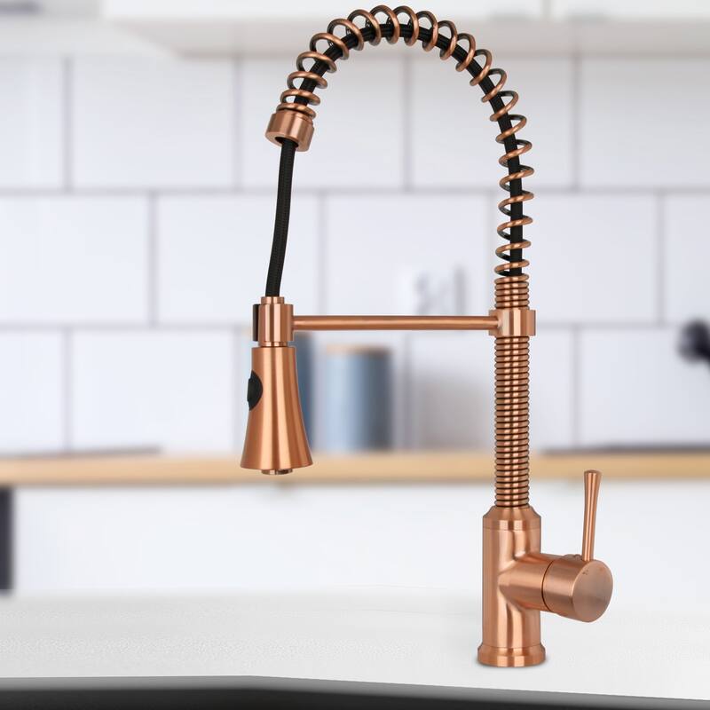 Copper Pre-Rinse Spring Kitchen Faucet, Single Level Solid Brass Kitchen Sink Faucets with Pull Down Sprayer - 8.9x20.2"