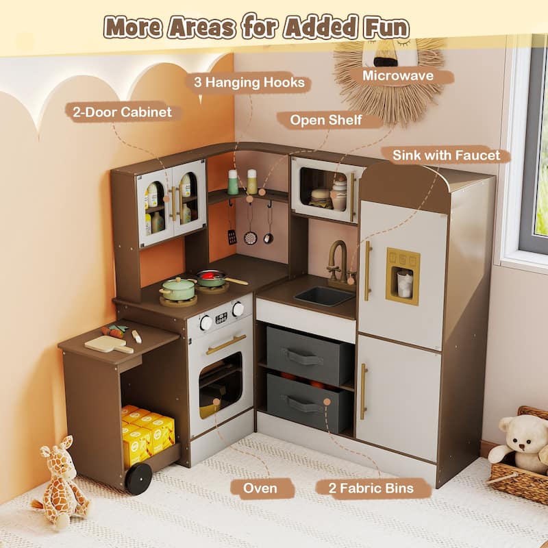 Costway Corner Kitchen with Lights and Sounds Interactive Wooden - See Details