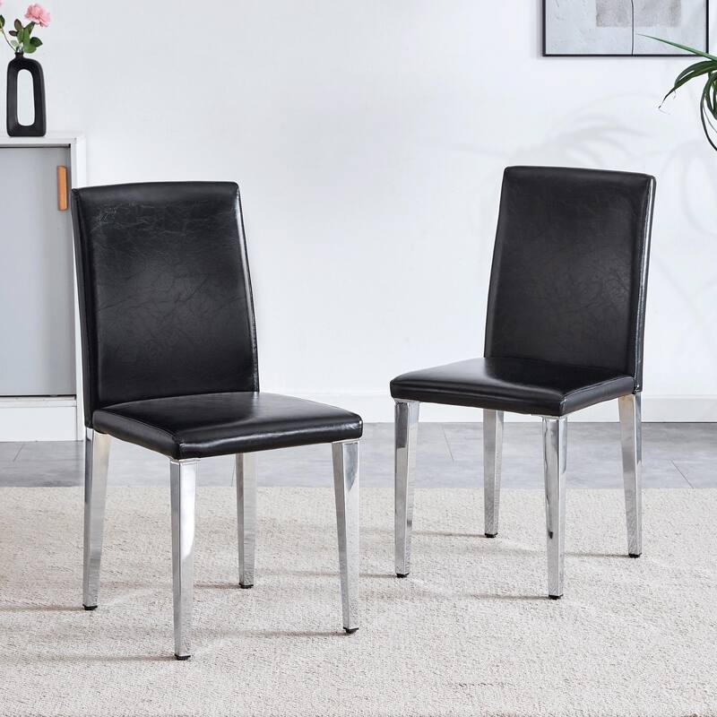 Set Of 2 PU Backrest Chairs With Silver Metal Legs, Suited For Minimalist And Contemporary Home Styles, 16.2*18.5*34.6 Inches
