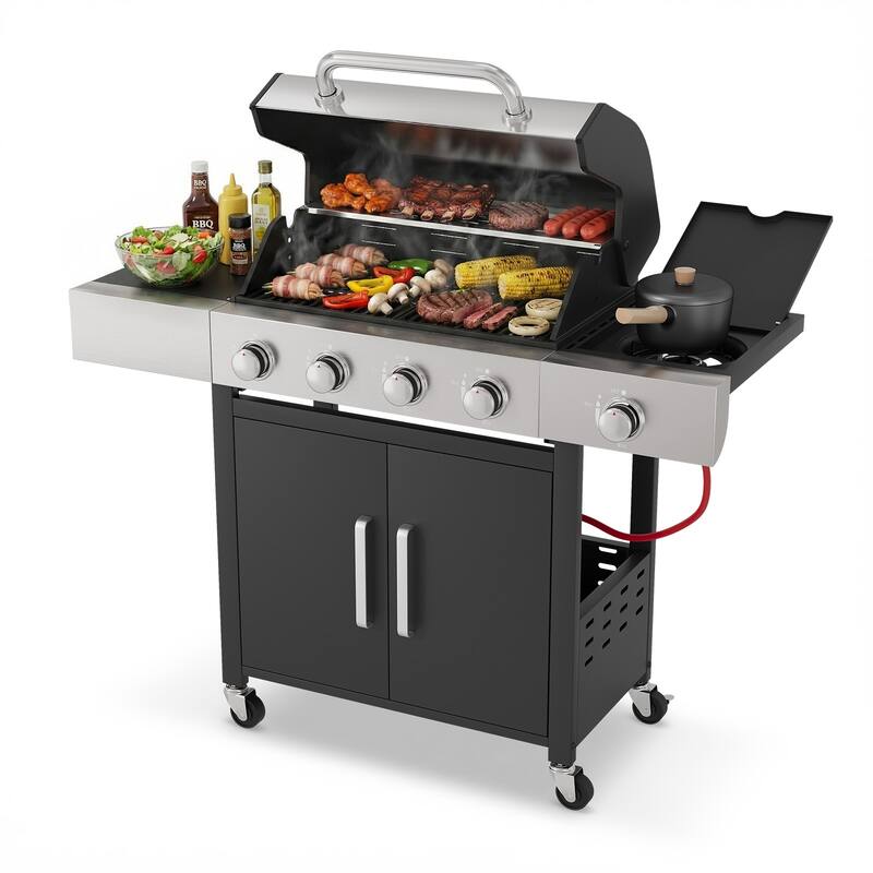 4-Burner Outdoor Gas Grill with Side Burner, 304 Stainless Steel Tabletop & Lid, Portable for Patio, Garden, Backyard - Black - Propane Gas