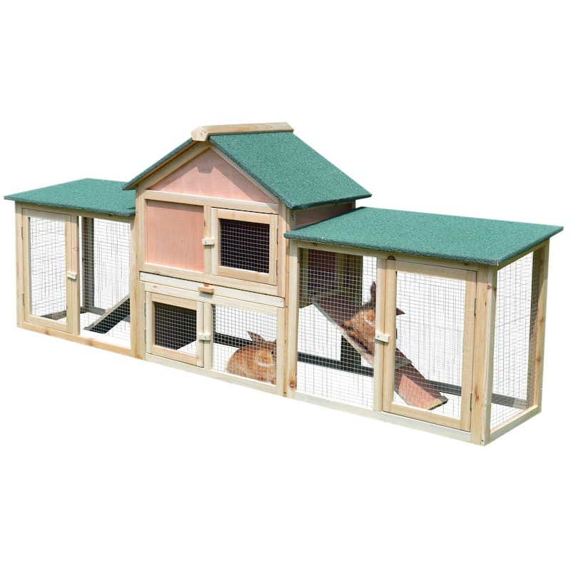 PawHut 83" Wooden Rabbit Hutch Large Bunny Hutch House with Double Run, Removable Tray and Waterproof Roof for Outdoor