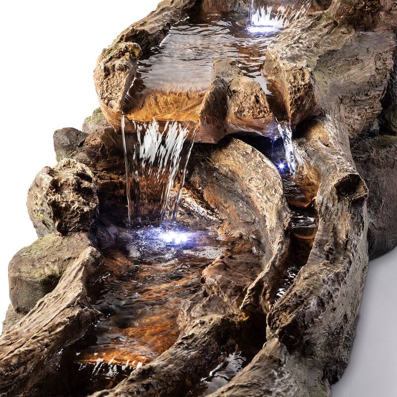 Alpine Corporation TZL242 80" Brown and Gray Indoor Outdoor Wood River Log Water Fountain with LED Lights
