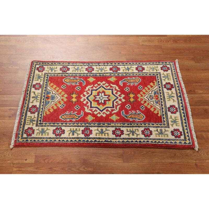 Hand Knotted Oriental 100% Wool Carpet Traditional Geometric Red Kazak Area Rug - 3' 0'' X 2' 0''