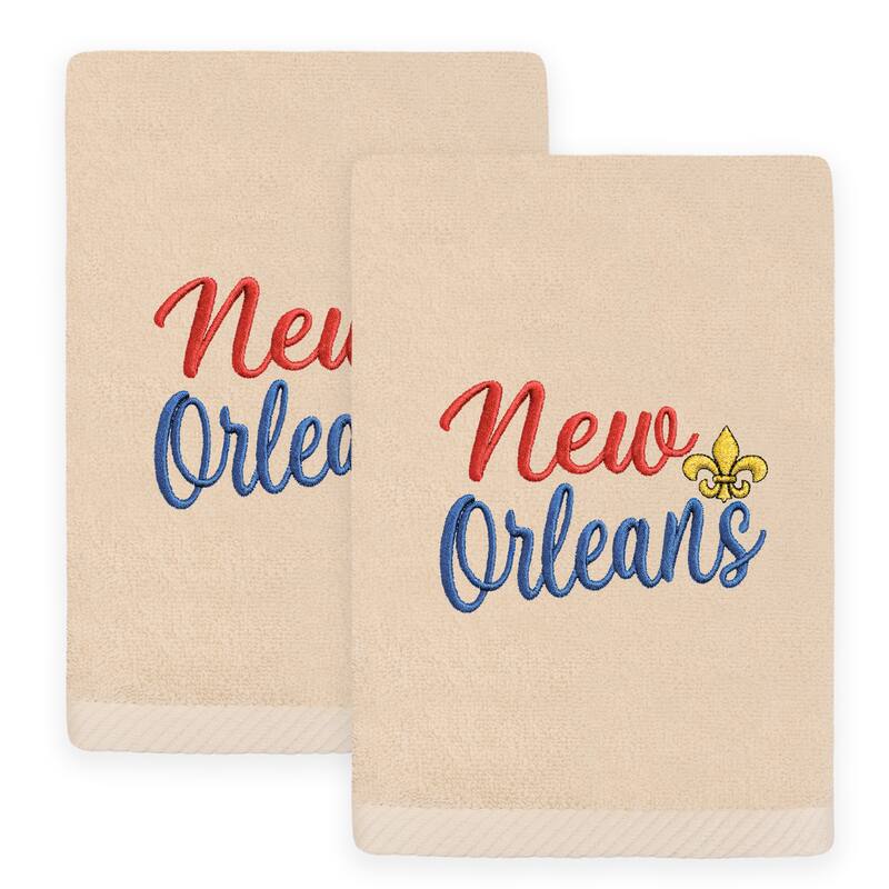 Authentic Hotel and Spa Mardi Gras NEW ORLEANS Embroidered Luxury 100% Turkish Cotton Hand Towels Set of 2 - Sand