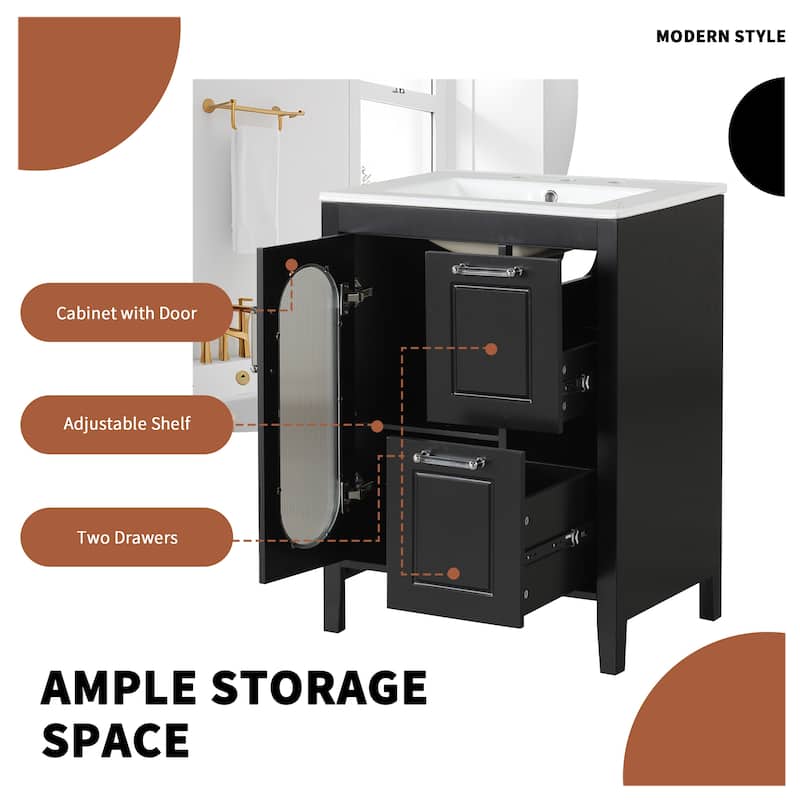 24" Bathroom Vanity with Sink, Bathroom Vanity Cabinet with Two Drawers and Door,Adjustable Shelf