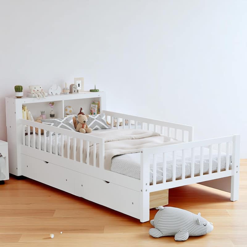 Twin Platform Bed with Storage Headboard, Under-Bed Drawers, and Three-Side Safety Guardrails