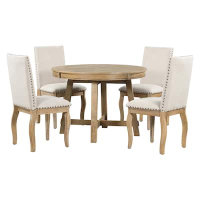 5-Piece Dining Table Set, Extendable Table and 4 Upholstered Chairs