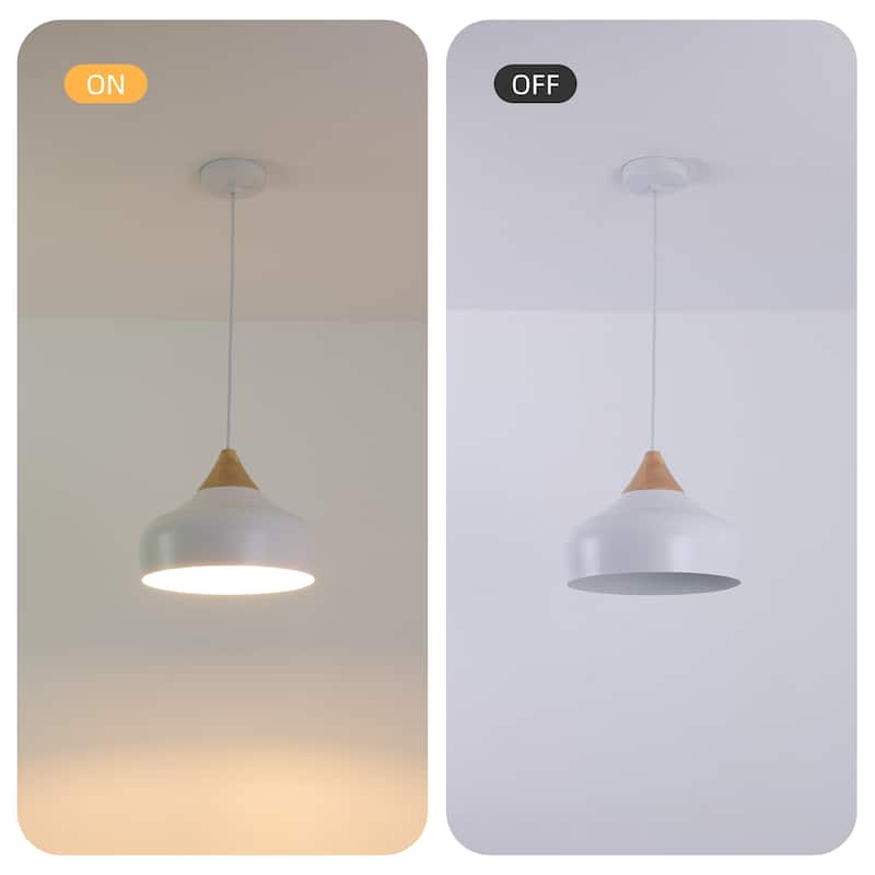 Aurora 13 in. 60-Watt 1-Light Pendant Light with Metal Round Shade and Natural Rubber Wood Top