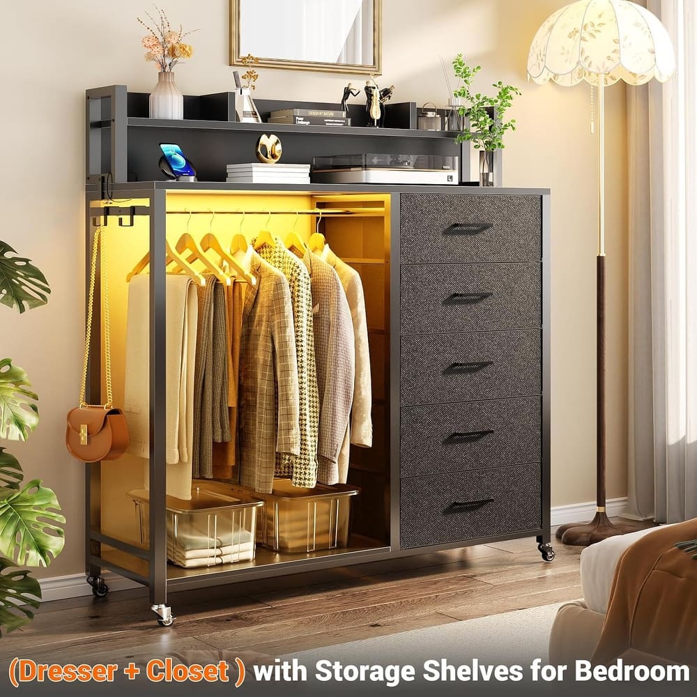 5 Drawers Dresser with Charging Station & LED Lights, Chest of Drawers with Hanging Rod ＆ Lockable Wheels ＆ Storage Shelves