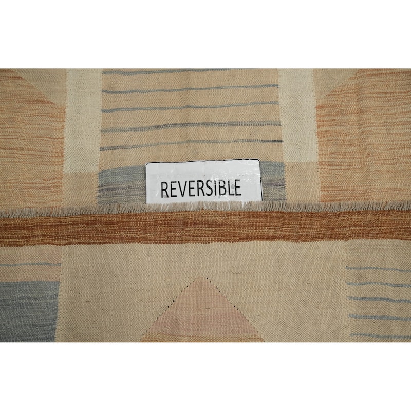 Hand Woven Oriental 100% Wool Carpet Southwestern Tribal Beige & Ivories Kilim Area Rug - 9' 7'' X 6' 7''
