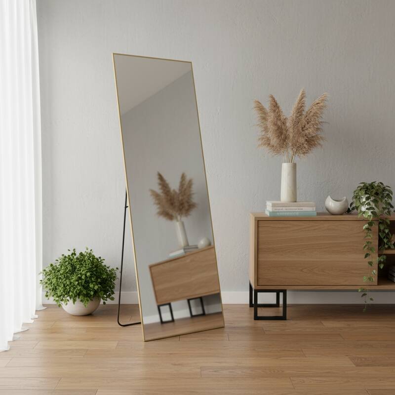 HomeRoots 63" Gold Metal Freestanding and Wall Mount Framed Full Length Mirror - 20.00 in. x 63.00 in. x 0.50 in. - 20.00 in. x 63.00 in. x 0.50 in.