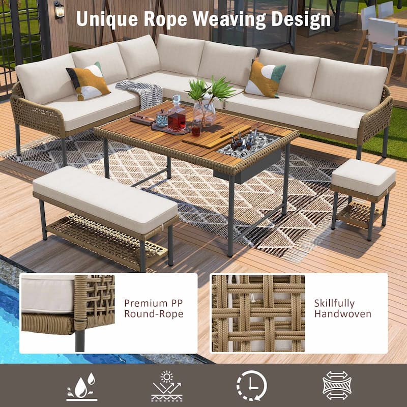6-Piece Rope L-Shaped Patio Sectional Set For 9