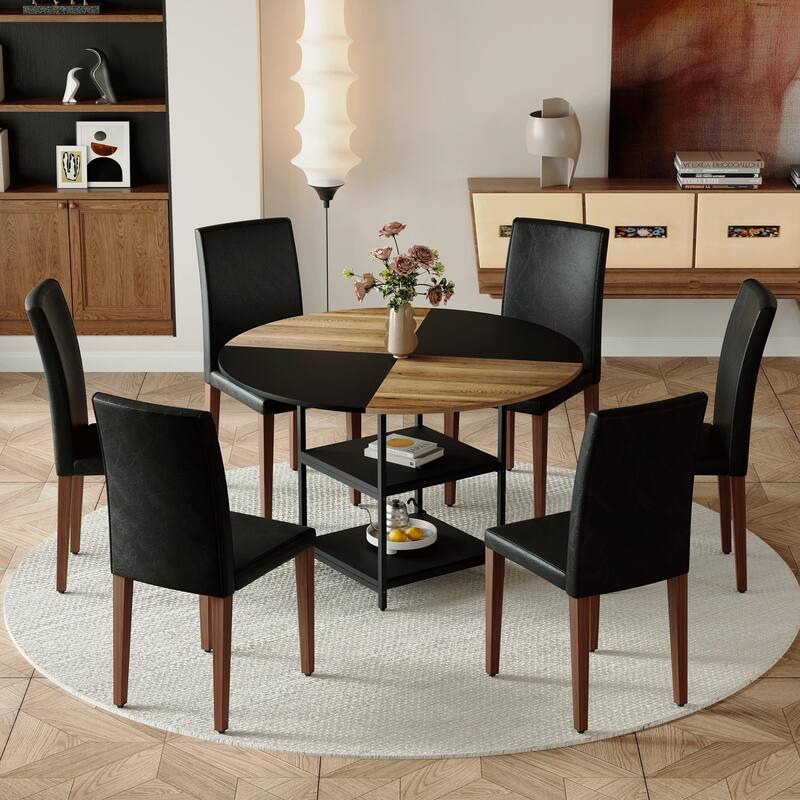 Roomfitters 5/7pcs Spliced Color Round Dining Table Set with Storage Shelf and PU Dining Chairs, Sleek and Comfortable, Black