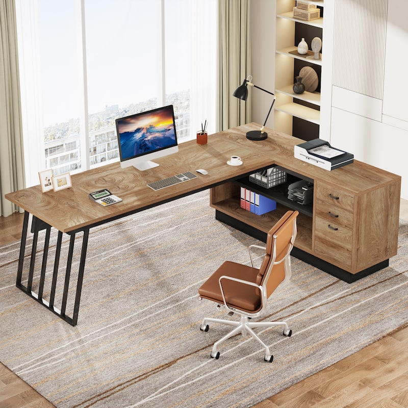 71 Inch Modern Executive Desk, L-Shaped Desk with Cabinet,Brown and White