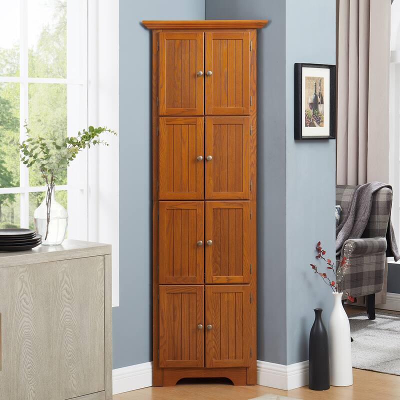 72" 4-Tier Oak Corner Kitchen Pantry: 8 Doors, Adjustable Shelves - Tall Storage for Bathroom, Living Room, Farmhouse Style - Oak