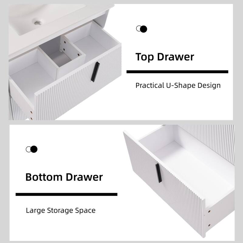 30" Bathroom Vanity with Ceramic Sink, Full-Extension Drawers, Soft-Close Undermount Slides and Fluted Design