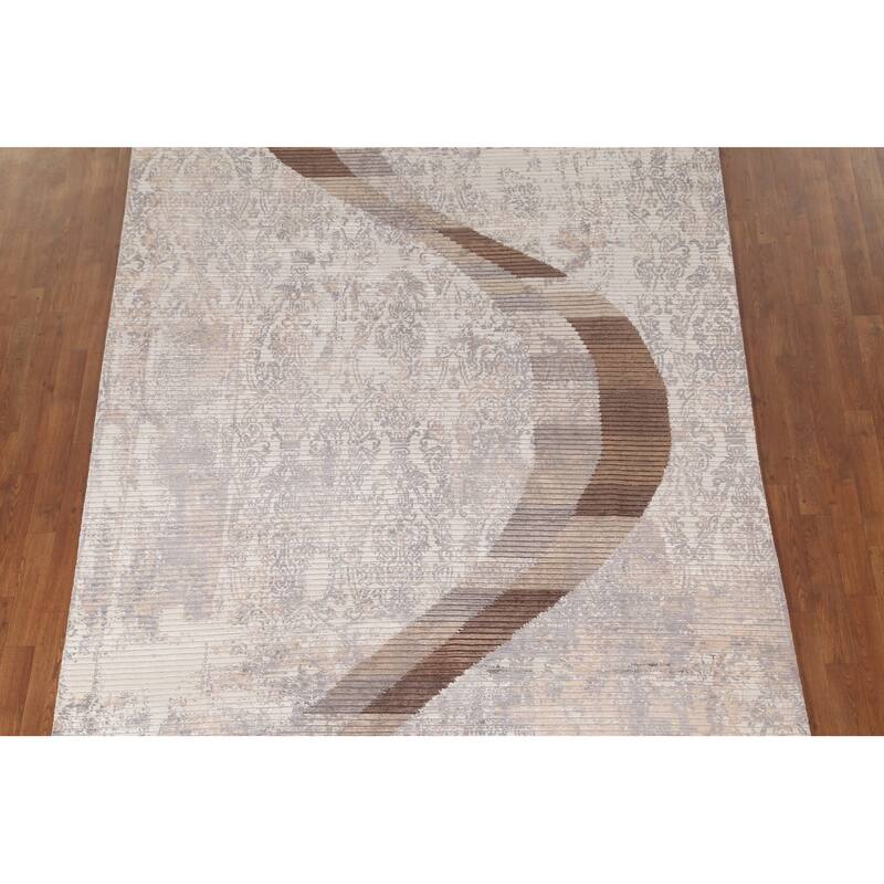 Beige Striped Modern Indian Area Rug Handmade Wool Carpet - 6'6"x 9'1"