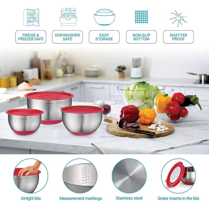 Belwares 5-Piece Stainless Steel Mixing Bowls with Airtight Lids and Graters - Non-Slip Nesting Bowls Set