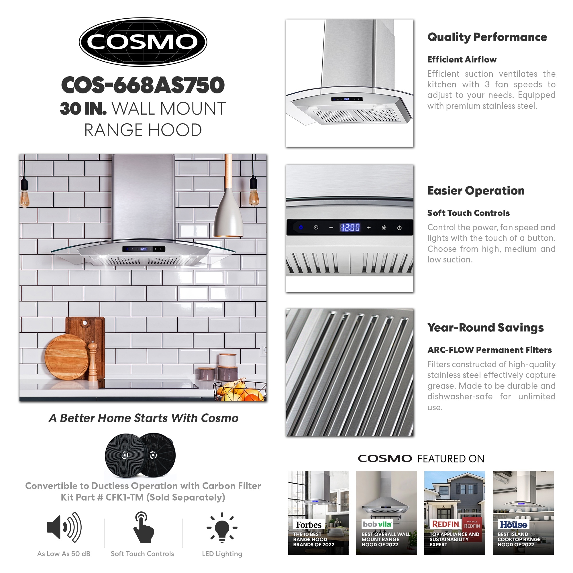 Cosmo 30 in. Ductless Island Range Hood in Stainless Steel