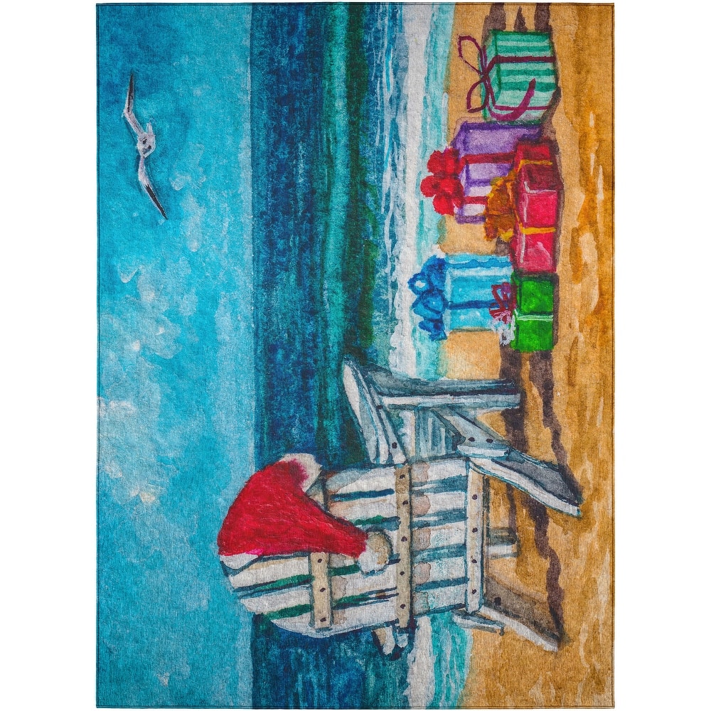 Indoor/ Outdoor Cozy Winter Blue Washable Beach Presents Rug