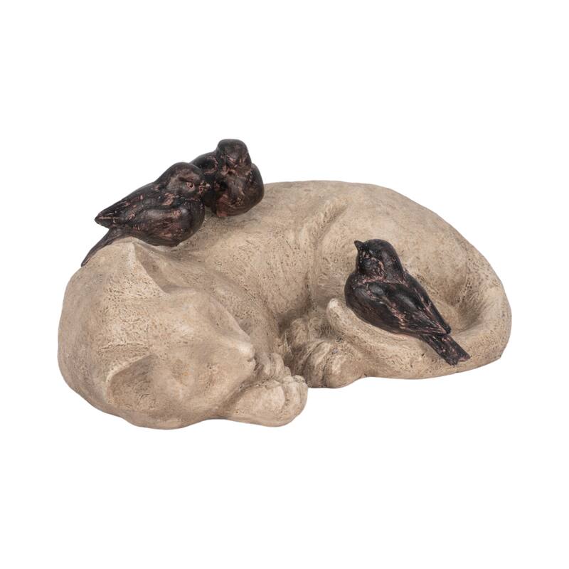 Sagebrook Home 12-inch White/Brown Sleeping Kitty With Birds - Polyresin and Metal Garden Statuary for Decor