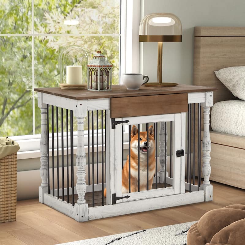 EROMMY 39" Wood Dog Crate Furniture – Waterproof Top, Roman Columns, Sturdy Iron Bar Kennel, Stylish End Table Indoor Dog Cage
