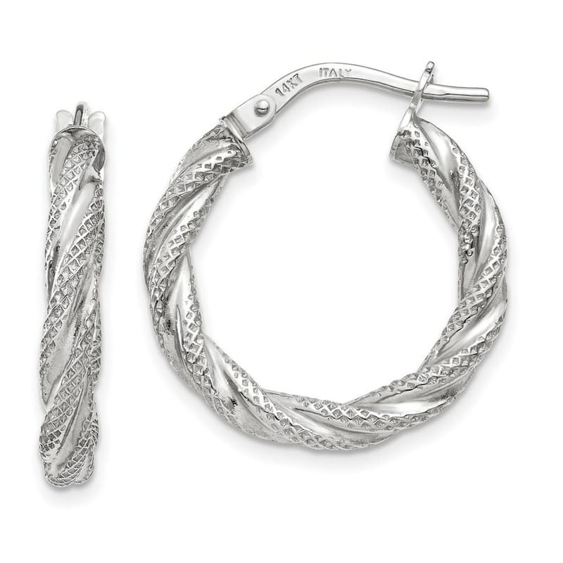 Curata 14k White Gold Twisted Textured 3x20mm Hoop Earrings