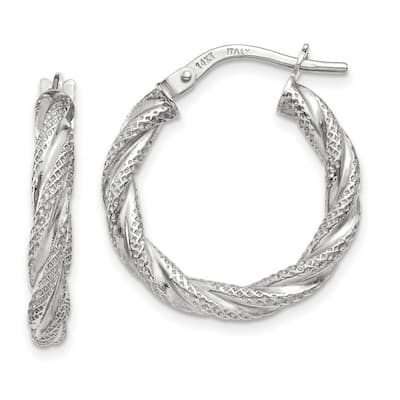 Curata 14k White Gold Twisted Textured 3x20mm Hoop Earrings
