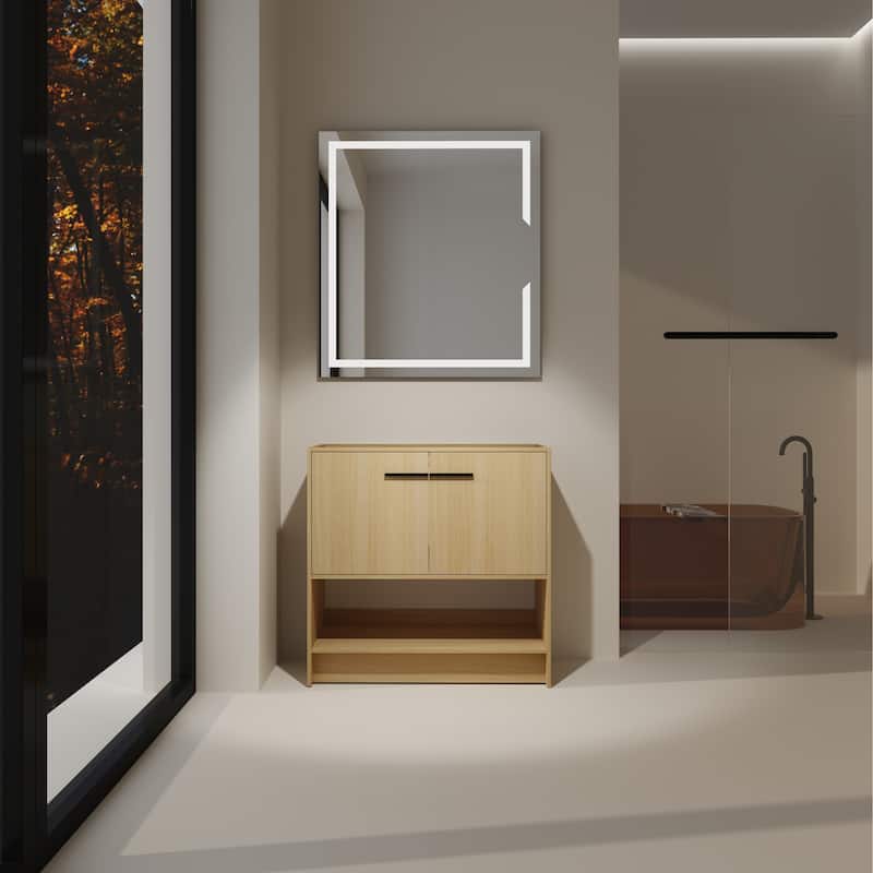 GDFStudio - Lisbon Modern Minimalist Freestanding Bathroom Vanity Cabinet with Soft Close Doors, Open Shelf, Sink NOT INCLUDED - 36" - Oak