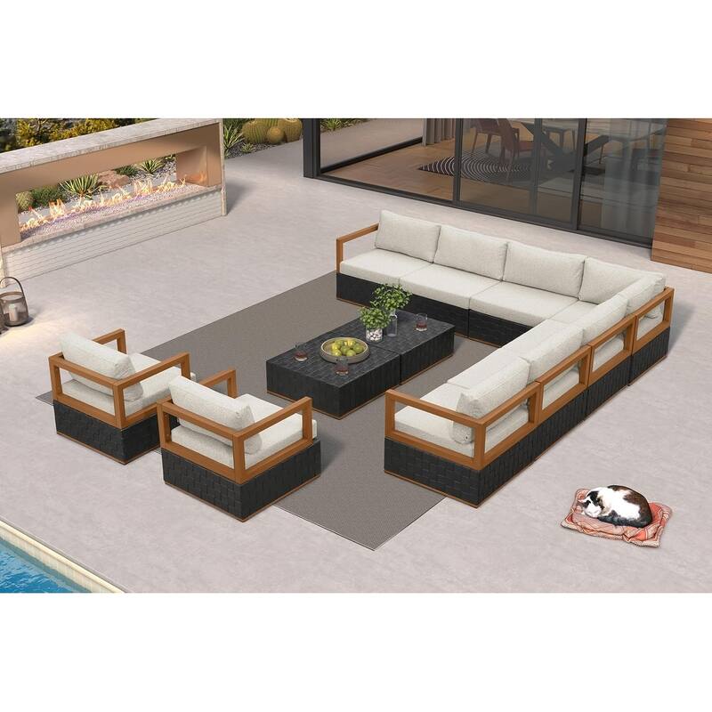 PURPLE LEAF GLFSF Outdoor sofas Black sofa with white seat for Yard Porch Deck Patio Conversation Sets - 9seats+2 Tables/Open-End