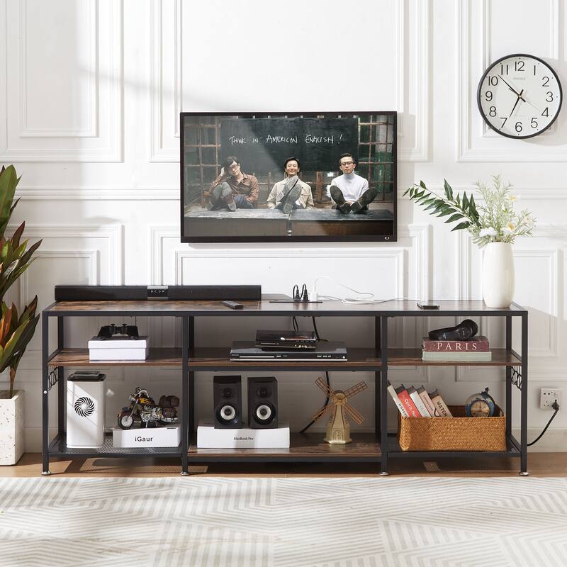 VECELO Wood TV Stand with Charging Station with Metal Frame, Storage Shelves Entertainment Center TV Cabinet
