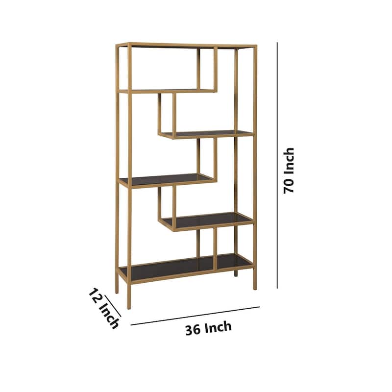 Metal Frame Bookcase with 5 Tiered Display Glass Shelves, Gold and Black - 70 H x 12 W x 36 L