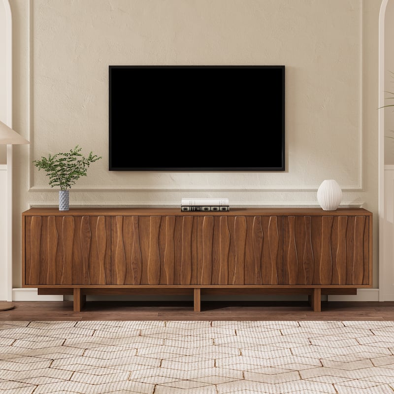 Wavy Door Design TV Stand for TVs up to 75", Retro TV Cabinet Media Console Table for Living Room - Walnut