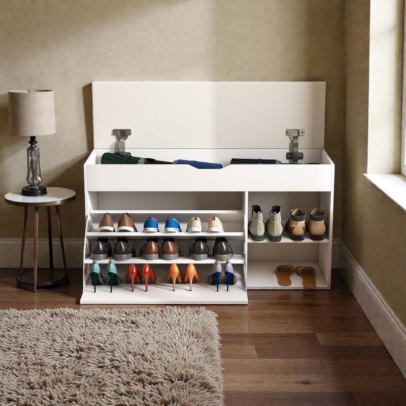 Entryway Bench with Rotating Shoe Storage, Lift-Top Cabinet & 3-Tier Flip-Up Drawers, Space-Saving Organizer for Hallway