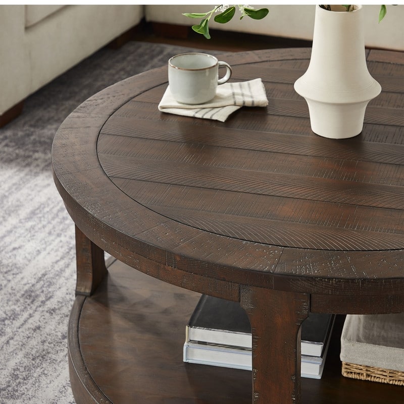 40" Large Curved Two-Tier Traditional Round Wooden Coffee Table with Wheels, Mid-Century Rustic Style