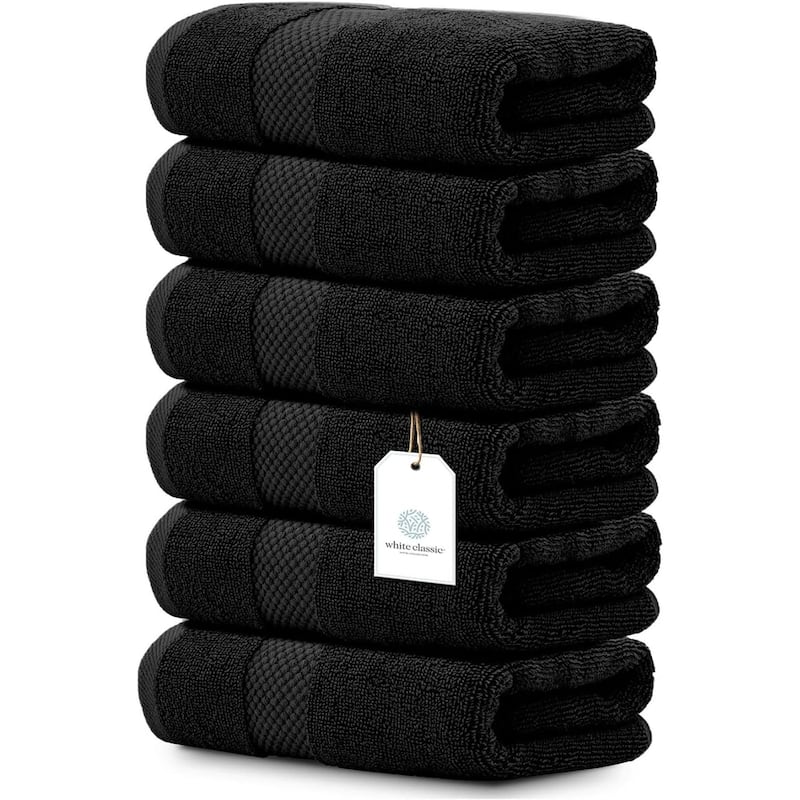 White Classic Luxury Cotton Hand Towel 16x30 - Set of 6 - Black