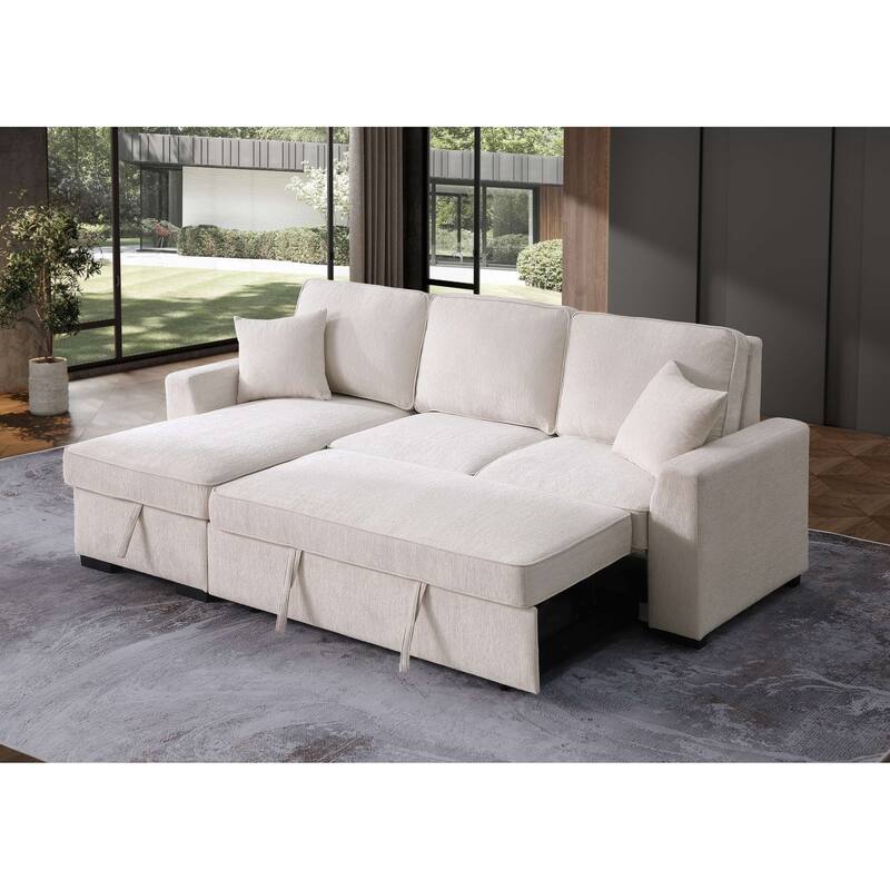 Chenille Reversible Sectional Sofa Convertible Pull Out Couch Bed