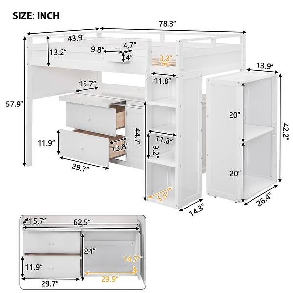 White Pine Wood Twin Size Loft Bed with Rolling Cabinet