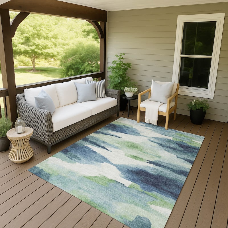 Machine Washable Indoor/ Outdoor Abstract Watercolor Chantille Rug - Blue - 10' x 14'