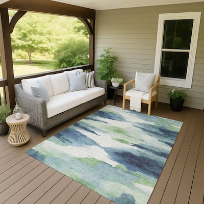 Machine Washable Indoor/ Outdoor Abstract Watercolor Chantille Rug