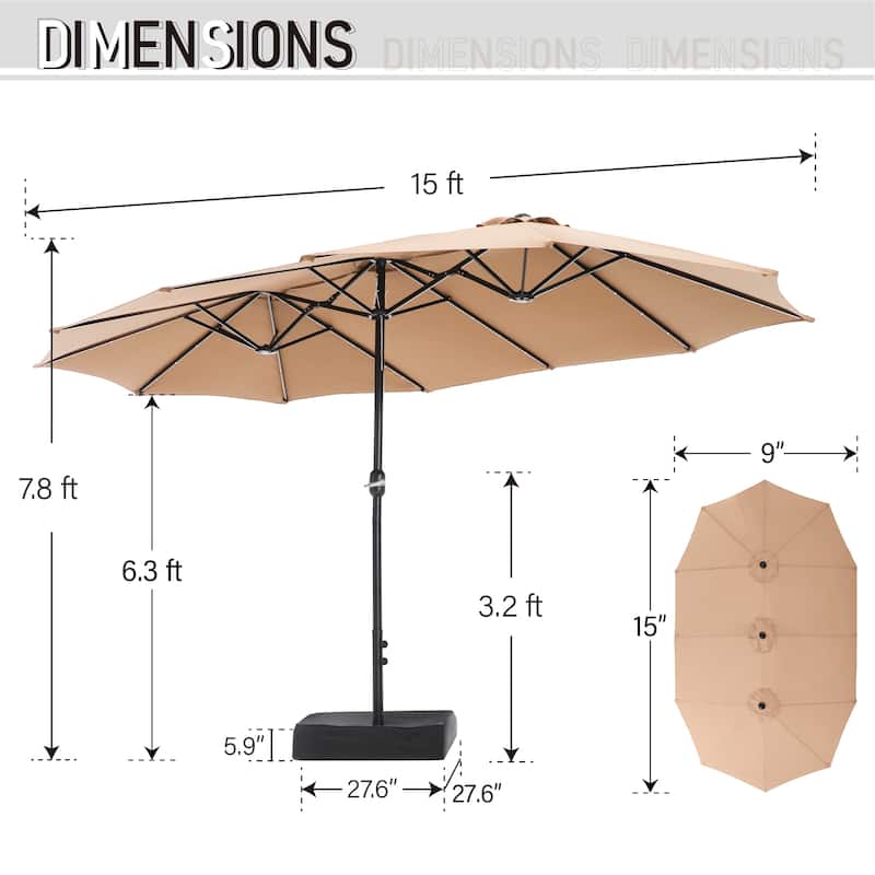 15-foot Rectangular Crank Double-sided Outdoor Market Umbrella Solar LED Lighted Patio Umbrella with Base Included