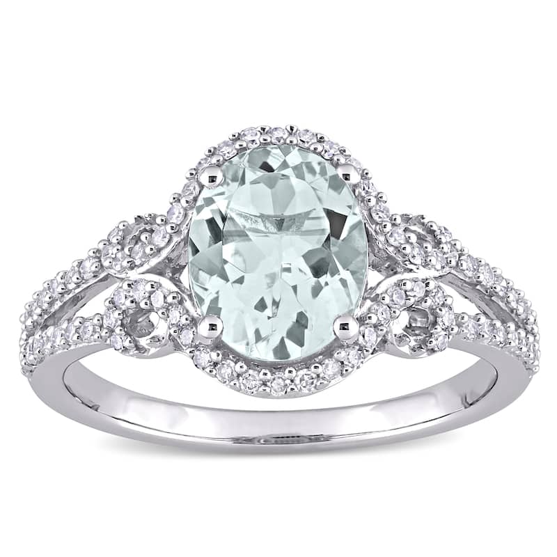 Miadora 10k White Gold Oval-cut Aquamarine and 1/3ct TDW Diamond Halo Split Shank Engagement Ring