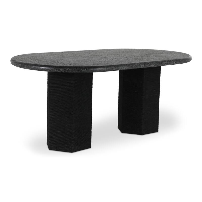 NADAAL STUDIOS Norex Sartoria Dining Table for 6, Oval Black Granite Top, Jute-Wrapped Mango Wood Base, Black Granite