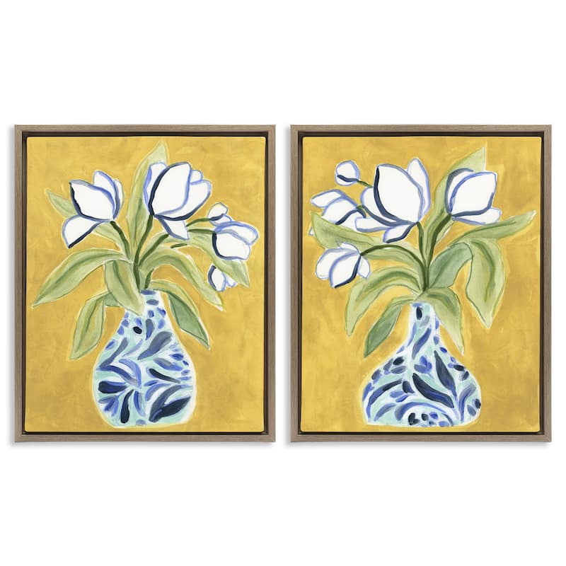 Stupell Tulip Vases on Yellow Framed Floater Canvas Wall Art Design By June Erica Vess (Set of 2) - 17 x 21 - Brown