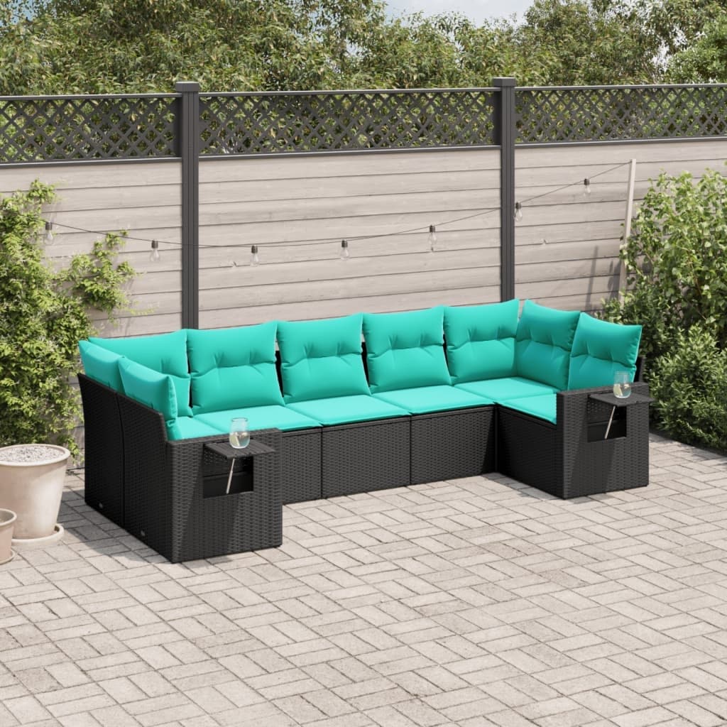 vidaXL 7 Piece Patio Sofa Set with Cushions Black Poly Rattan - 21.7x27.2x24.4