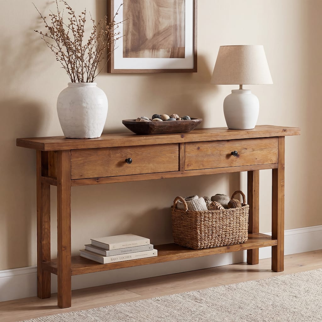Farmhouse Solid Wood Entryway Table with 2 Drawers and Storage Shelf