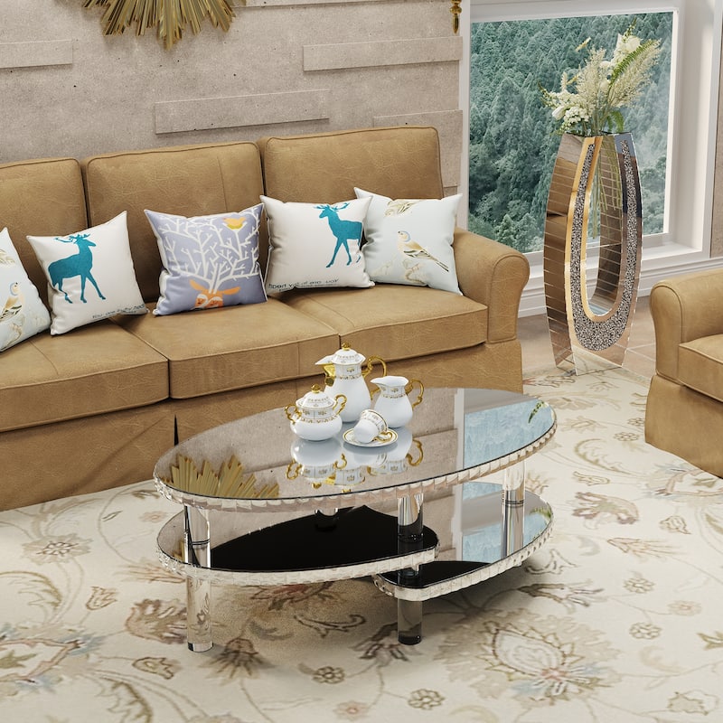 Silver Mirrored Glass Crystal Decor Coffee Table, Oval Double-Layer With Acylic Legs, Modern Home Furnishing